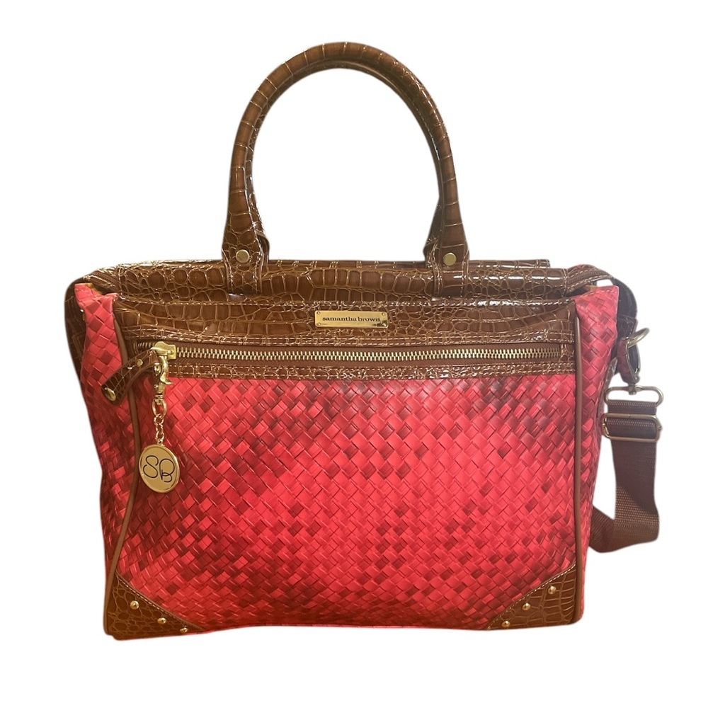 Samantha Brown Dowel Weekender Travel Work Tote Bag Red Croco Embossed